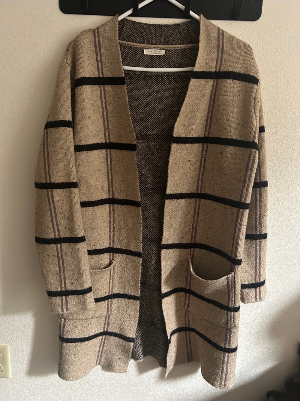 Lovestitch S  Kenzie Open Front Beige/Purple Hue Stripe Sweater Coat Lagenlook